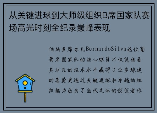 从关键进球到大师级组织B席国家队赛场高光时刻全纪录巅峰表现